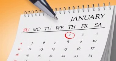 Aylık takvimde 1 Ocak 'ta kırmızı yüzüğü gösteren kalem animasyonu. Yeni yıl ve yeni yıl çözümleri konsepti dijital olarak oluşturulmuş video.