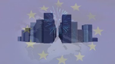 Havai fişekler ve modern yüksek binalar üzerine Avrupa Birliği bayrağının animasyonu. Avrupa Birliği, siyaset, iş ve kutlama konsepti dijital olarak oluşturulmuş video.