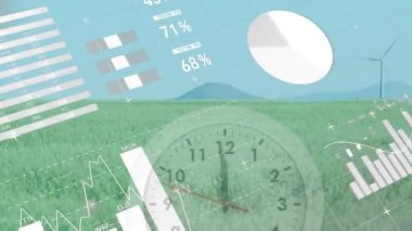 Rüzgar türbinleri üzerinde saat, istatistik ve veri işleme animasyonu. küresel ısınma, iklim değişikliği ve sürdürülebilirlik kavramı dijital olarak oluşturulmuş video.