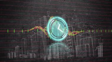 Saatin animasyonu ve şehir manzarası üzerinde ilerleyen veri işlemesi. küresel bağlantılar ve veri işleme konsepti dijital olarak oluşturulmuş video.