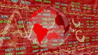 Dünya ve ızgara üzerinde istatistik ve finansal veri işleme animasyonu. covid 19 salgın konsepti dijital olarak oluşturulan video sırasında küresel iş, finans ve veri işleme.