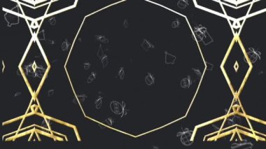 Altın kaleydoskopik desenlerin ve siyah arka planda yüzen beyaz noel eşyalarının animasyonu. Kutlama, din, gelenek ve mevsimsel kış etkinliği konsepti dijital olarak oluşturulmuş video.