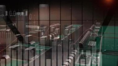 Bilgisayar devre kartından istatistik işleme animasyonu. küresel bağlantılar ve veri işleme konsepti dijital olarak oluşturulmuş video.