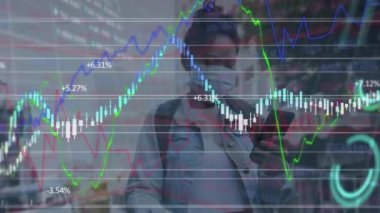 Yüz maskesi ve ızgarası olan bir kadın için istatistik ve finansal veri işleme animasyonu. covid 19 salgın konsepti dijital olarak oluşturulan video sırasında küresel iş, finans ve veri işleme.