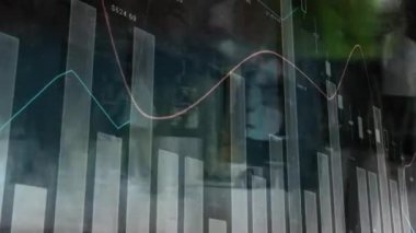 Bulutların ve gökyüzünün üzerinde işlenen istatistiklerin animasyonu. küresel veri işleme ve dijital arayüz konsepti dijital olarak oluşturulmuş video.