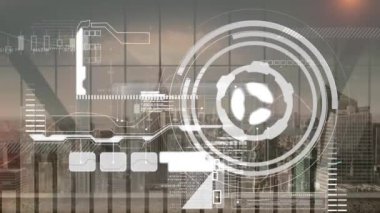 Dolandırıcılığın animasyonu ve şehir manzarası üzerindeki veri işleme istatistikleri. küresel bağlantılar ve veri işleme konsepti dijital olarak oluşturulmuş video.
