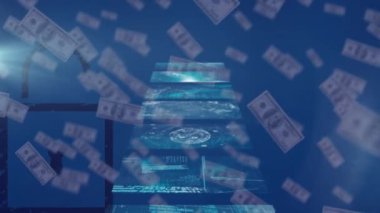 Amerikan dolarları üzerindeki ekranlarda veri işleme animasyonu ve mavi arka planda asma kilit. küresel iş, çevrimiçi alışveriş ve güvenlik konsepti dijital olarak oluşturulmuş video.