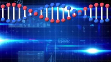 DNA iplikçiklerinin dönmesi, parlayan mavi ışıklar üzerinde dijital veri işlemesi. küresel veri işleme ve dijital arayüz konsepti dijital olarak oluşturulmuş video.