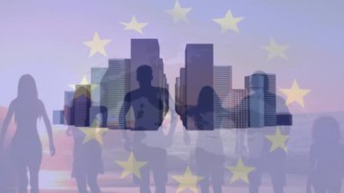 Avrupa Birliği bayrağının animasyonu, modern binalar ve insanların sevinçten zıpladığı. Avrupa Birliği, siyaset, iş ve kutlama konsepti dijital olarak oluşturulmuş video.