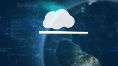 Elektronik cihazlarla dijital bulutların animasyonu ve tüm dünyada veri işleme. küresel bulut hesaplaması, bağlantılar, veri işleme ve dijital arayüz konsepti dijital olarak oluşturulmuş video.