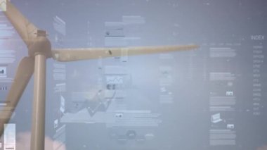 Rüzgâr türbininin üzerindeki istatistiklerin canlandırması. küresel ısınma, çevre, veri işleme ve rüzgar enerjisi konsepti dijital olarak oluşturulmuş video.