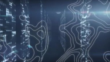 Bilgisayar sunucularıyla teknoloji odasının üzerinde beyaz çizgilerin animasyonu. küresel bağlantılar, veri işleme ve dijital arayüz konsepti dijital olarak oluşturulmuş video.