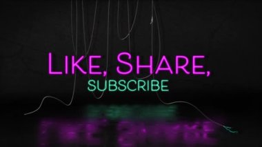 Siyah arkaplanda pembe ve mavi neon harflerle paylaşılan, abone olunan animasyon. Sosyal medya, iletişim ve bağlantılar konsepti dijital olarak oluşturulmuş video.