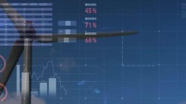 Rüzgâr türbininin üzerindeki istatistiklerin canlandırması. küresel ısınma, iklim değişikliği, sürdürülebilirlik, rüzgar enerjisi ve veri işleme kavramı dijital olarak oluşturulmuş video.
