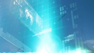 Rüzgar türbinleri üzerinde istatistik ve veri işleme animasyonu. küresel ısınma, iklim değişikliği ve sürdürülebilirlik kavramı dijital olarak oluşturulmuş video.