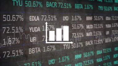 Şehir manzarası üzerinde istatistik ve veri işleme animasyonu. küresel bağlantılar ve veri işleme konsepti dijital olarak oluşturulmuş video.
