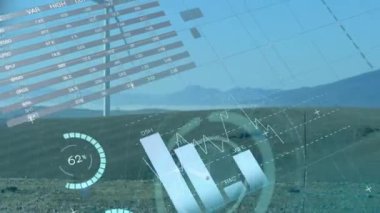 Rüzgar türbini üzerinde istatistik ve veri işleme animasyonu. küresel ısınma, iklim değişikliği ve sürdürülebilirlik kavramı dijital olarak oluşturulmuş video.