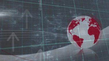 Dünya ve ızgara üzerinde ok ve veri işleme animasyonları. küresel veri işleme ve teknoloji konsepti dijital olarak oluşturulmuş video.