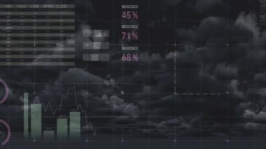 Bulutların ve gökyüzünün üzerinde işlenen istatistiklerin animasyonu. küresel veri işleme ve dijital arayüz konsepti dijital olarak oluşturulmuş video.
