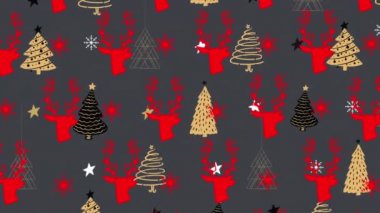 Yılbaşı ağacının dijital animasyonu, ren geyiği ve yıldızların gri arka planda kusursuz şekildeki simgeleri. Noel şenliği ve kutlama konsepti