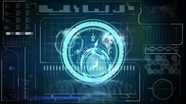 Ekranda saat ve veri işleme animasyonu. küresel iş, veri işleme ve dijital arayüz kavramı dijital olarak oluşturulmuş video.