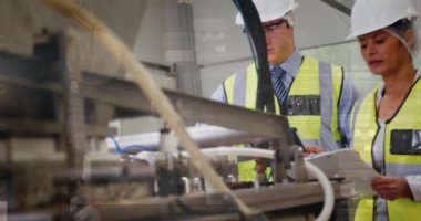 Fabrikadaki kadın ve erkek işçilerin istatistiklerinin incelenmesi. iş, geliştirme ve üretkenlik kavramı dijital olarak oluşturulmuş video.