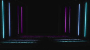 Siyah arkaplanda mavi, mor ve pembe parlak neon çizgilerin animasyonu. soyut, ışık ve renk arkaplan kavramı dijital olarak oluşturulmuş video.