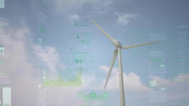 Rüzgar türbini ve bulutların üzerinde işlenen istatistiklerin animasyonu. küresel ısınma, çevre, veri işleme ve rüzgar enerjisi konsepti dijital olarak oluşturulmuş video.