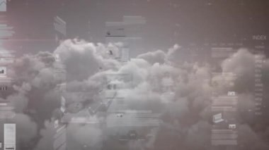 Bulutların ve gökyüzünün üzerinde işlenen istatistiklerin animasyonu. küresel veri işleme ve dijital arayüz konsepti dijital olarak oluşturulmuş video.