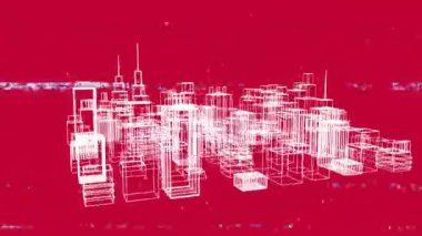 Arızalı 3d şehir manzarası üzerindeki bağlantı ağının animasyonu. küresel veri işleme, dijital arayüz ve dijital olarak oluşturulmuş video konsepti.