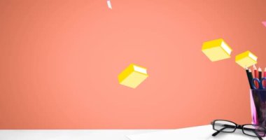 Portakal rengi arka planda ahşap yüzey üzerinde kitap ve ofis eşyalarının animasyonu. ulusal temizlik sizin masa günü konsepti dijital olarak oluşturulmuş video.