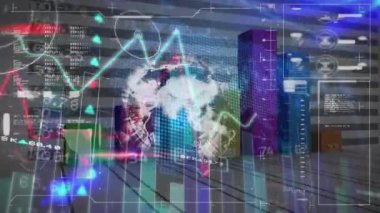 Tüm dünyada istatistik ve veri işleme animasyonları. küresel iş, veri işleme, dijital arayüz ve bağlantılar konsepti dijital olarak oluşturulmuş video.