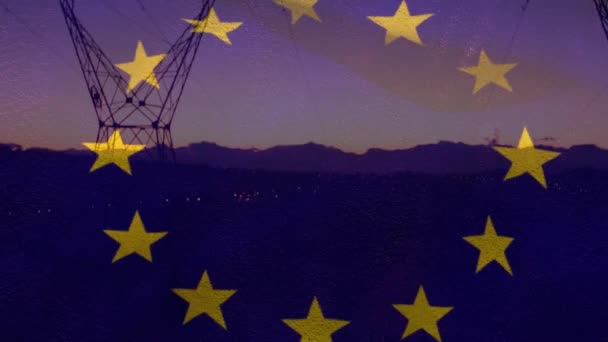 Animation European Union Flag Electricity Pylons Field Sunset European Union — Stock Video