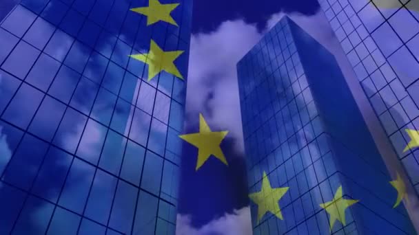 Animación Bandera Unión Europea Sobre Edificios Gran Altura Paisaje Urbano — Vídeo de stock