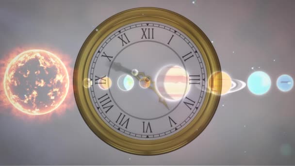 Animation Von Sonnensystem Planeten Und Weltraum Über Tickender Uhr Globales — Stockvideo