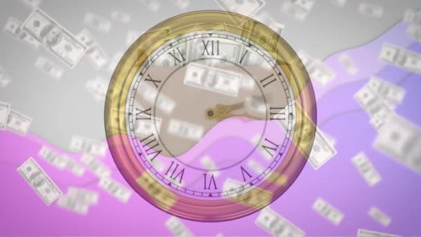 Animação Onda Roxa Sobre Notas Dólar Americano Relógio Negócio Global — Vídeo de Stock