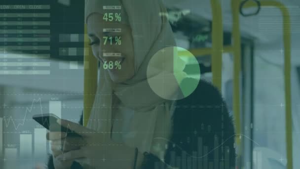 Animación Estadísticas Procesamiento Datos Sobre Mujer Hijab Usando Smartphone Conexiones — Vídeos de Stock