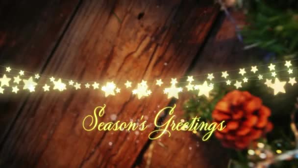 Animation Seasons Greetings Text Wreath Wooden Background Christmas Tradition Celebration — Stock Video