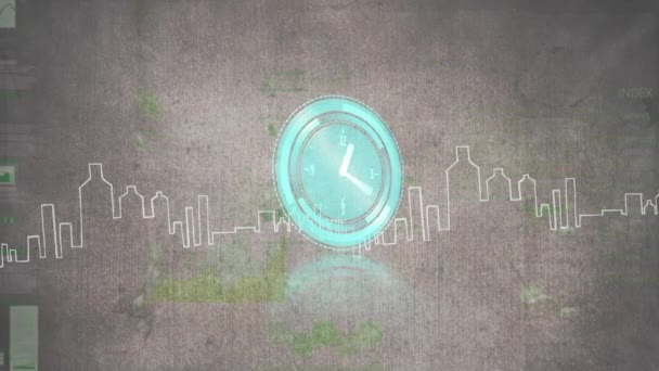 动态时钟快速移动 数据处理速度快于城市景观 全球连接和数据处理概念数字生成的视频 — 图库视频影像