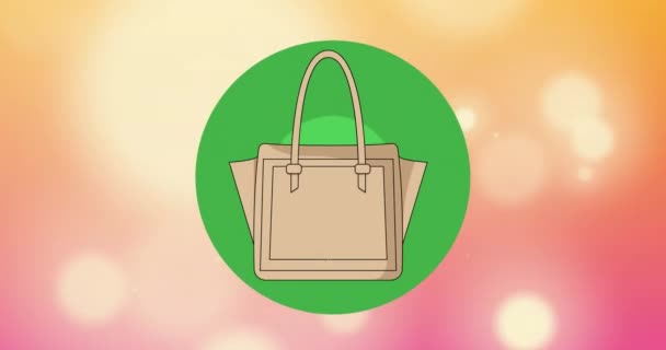 Animation Beige Tote Handväskor Över Grön Cirkel Bokeh Rosa Bakgrund — Stockvideo