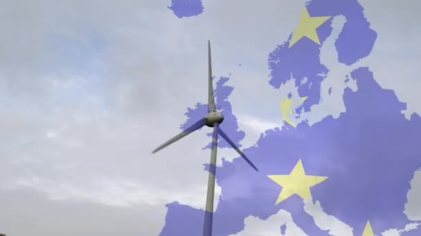 Dönen Rüzgar Türbini Mavi Gökyüzü Üzerinde Avrupa Birliği Bayrağı Avrupa — Stok video