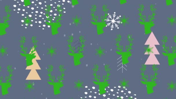 Julgran Ikoner Och Snö Faller Över Gröna Renar Och Snöflingor — Stockvideo