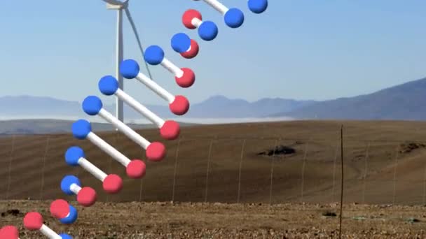 Animation Dna Strand Spinning Wind Turbines Countryside Global Warming Climate — Stock Video
