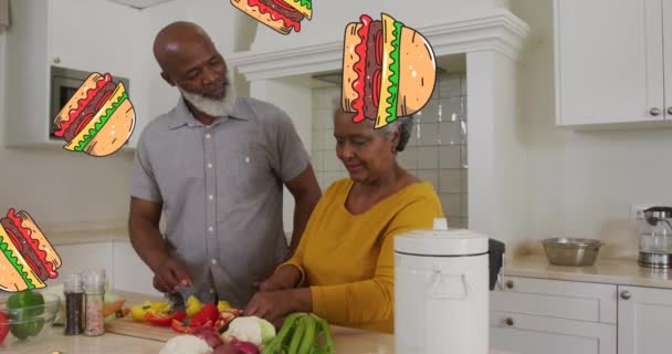 Animation Hamburgers Sur Heureux Couple Personnes Âgées Afro Américaines Préparant — Video