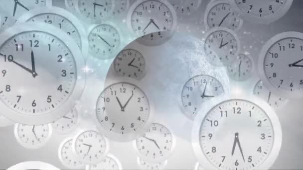 Animação Forma Leitosa Planetas Espaço Sobre Relógios Ticking Conceito Global — Vídeo de Stock