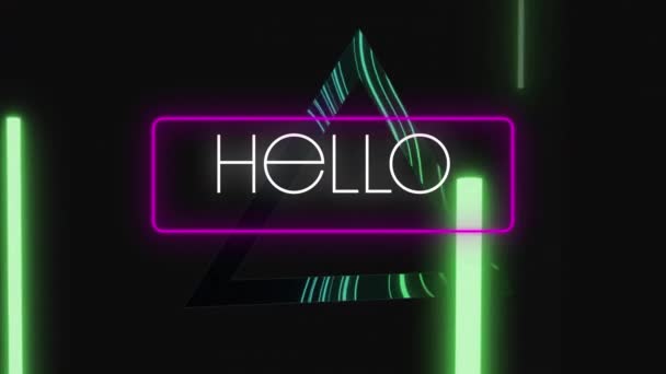 Animatie Van Hello Tekst Roze Neon Frame Gloeiende Driehoek Vintage — Stockvideo