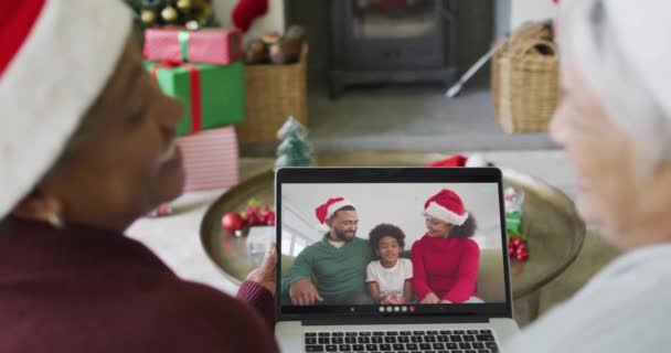 Zróżnicowane Starsze Przyjaciółki Korzystające Laptopa Boże Narodzenie Rozmowy Wideo Szczęśliwą — Wideo stockowe