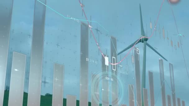 Animation Von Uhr Statistiken Und Datenverarbeitung Über Windenergieanlagen Globale Erwärmung — Stockvideo