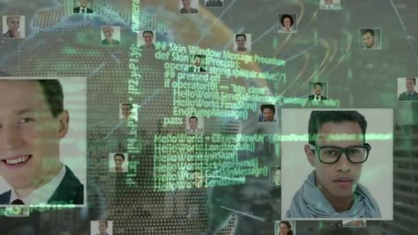Animação Processamento Dados Sobre Fotos Pessoas Negócios Globo Conceito Global — Vídeo de Stock