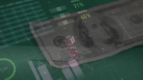 Animation Der Verarbeitung Von Finanzdaten Über Zwei Würfel Und Amerikanische — Stockvideo